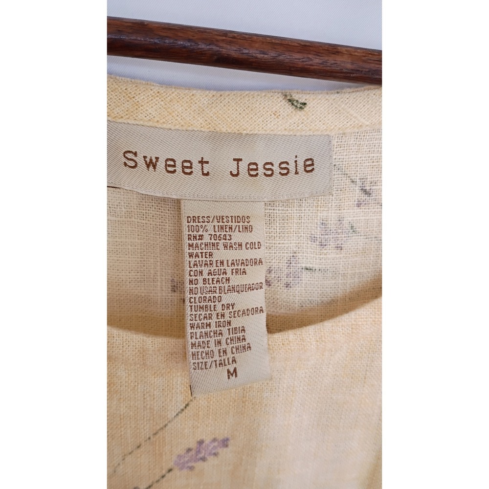 Sweet Jessie Yellow 100% Linen Botanical Print Sleeveless Shift Dress Lavender M - Picture 6 of 8
